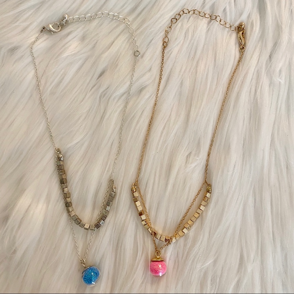 Silver & Gold Layered Cube Bead & Glitter Globe Pendant Necklace Set of Two